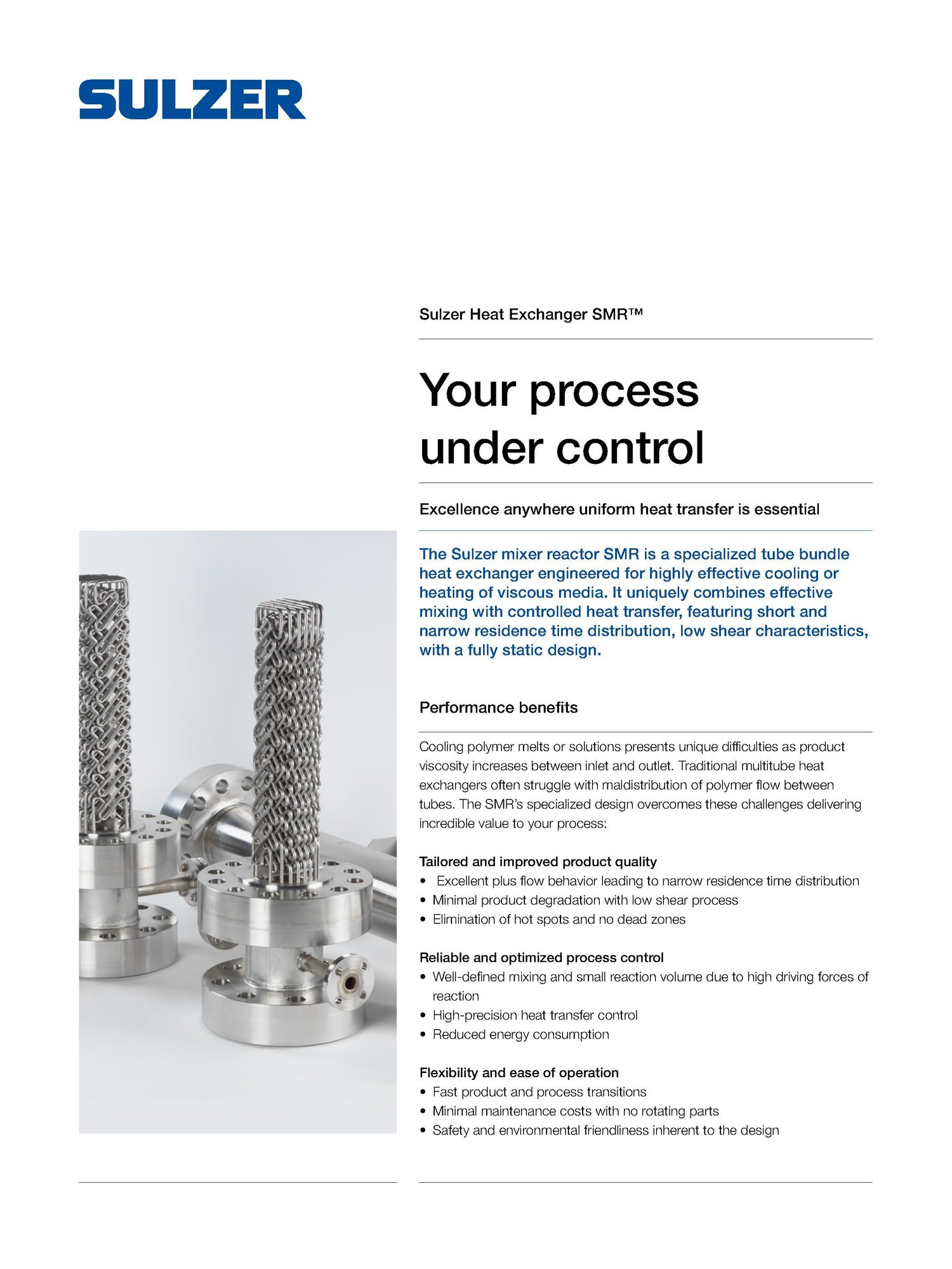 Sulzer SMR heat exchanger with specialized tube bundle design for effective cooling and heating of viscous media