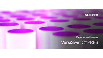 Close-up view of the Sulzer VersiSwirl™ CYPRES preconditioner tubes in white and purple, representing advanced gas-liquid separation technology.
