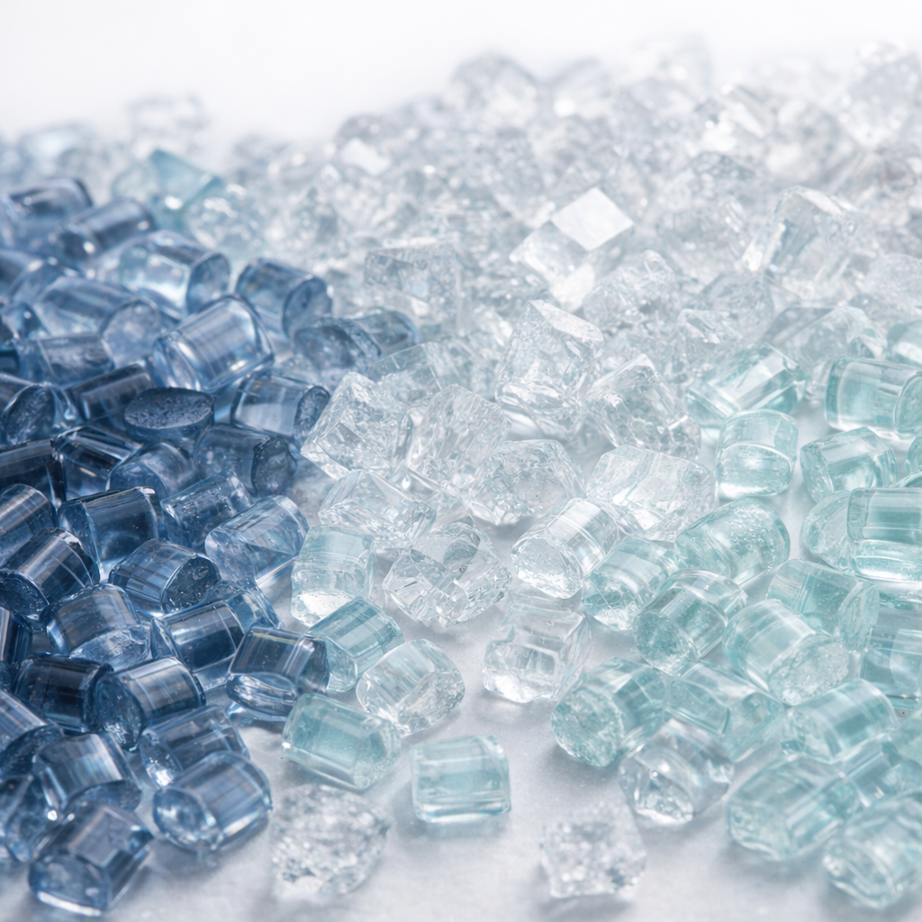 Translucent crystallized chemical compounds in blue and clear tones, result of Sulzer melt crystallization purification process Translucent crystallized chemical compounds in blue and clear tones, result of Sulzer melt crystallization purification process
