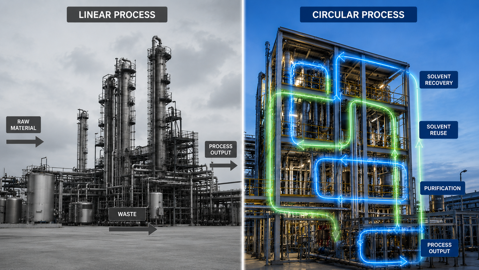 Advanced pharmaceutical manufacturing facility highlighting circular processing concepts, solvent recovery, resource efficiency, and sustainable API production.