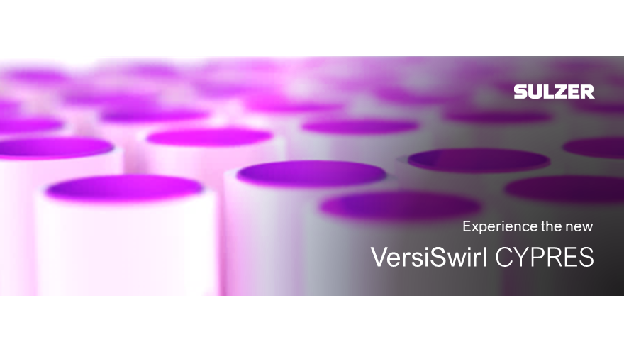 Close-up view of the Sulzer VersiSwirl™ CYPRES preconditioner tubes in white and purple, representing advanced gas-liquid separation technology.